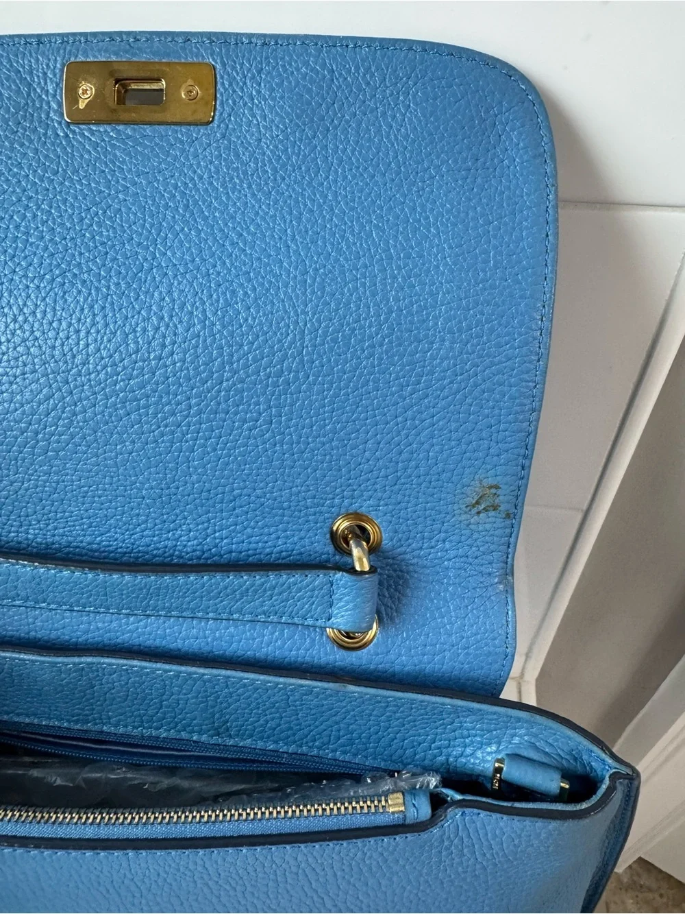 MCM Blue Leather Top-Handle Satchel with Gold Hardware